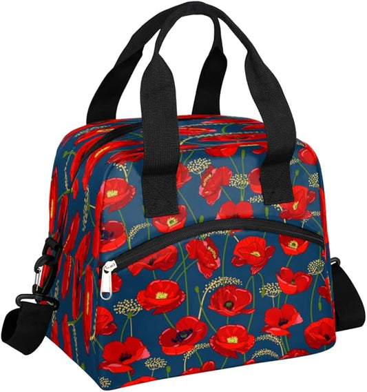 Insulated Lunch Bag for Women Men Poppies Pattern Leakproof Cooler Tote Bag Large Reusable Adult Lunch Box with Adjustable Shoulder Strap for Office Work Picnic Travel Beach
