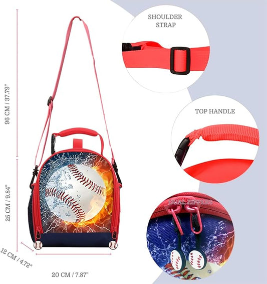 Boys Insulated Lunch Box, Baseball Theme, Polyester Material, 7.5in x 4.3in x 9.8in
