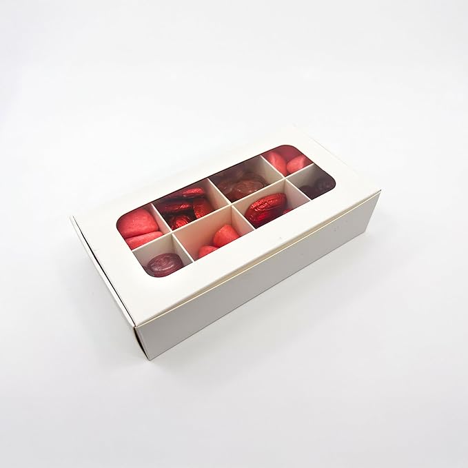 Treat boxes with window and dividers | 8 X-SMALL compartments | 6.75 x 3.5 x 1.57 in | Empty candy boxes for gift giving, truffle box - perfect for Valentine's Day | 10-pack (White)