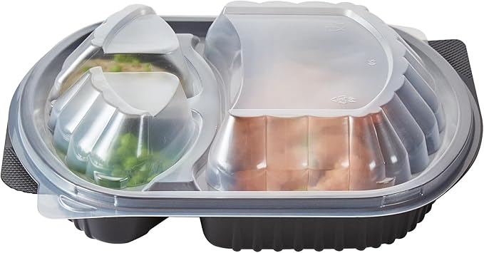 Restaurantware RW Base 27 Ounce Meal Prep Containers, 50 Microwavable To Go Containers With Lids - 3 Compartments, Disposable, Black Plastic Oval Food Containers, For Hot And Cold Food, Freezable