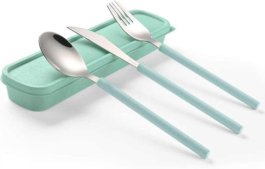 Portable Home Utensils Reusable Flatware Set with Case, Portable Utensils Set With Case Wheat Straw Utensils Travel Cutlery Set Reusable Flatware 3 PCs Fork Spoon Knife With Colored Handle(Green)