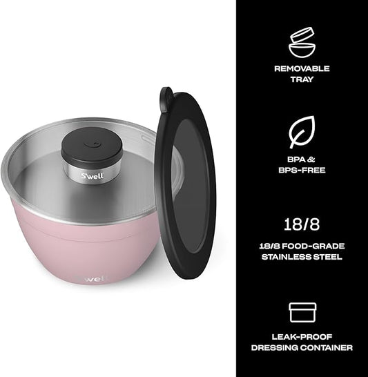 S'well Stainless Steel Salad Bowl Kit 64oz, Pink Topaz, Comes with 2oz Mini Canister and Removable Tray for Organization, Leakproof, Easy to Clean, Dishwasher Safe