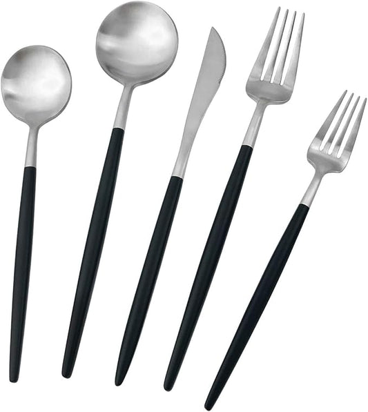 Gugrida Black Silver Flatware, Royal 20 Piece Matte Black Handle 18/10 Stainless Steel Tableware Sets for 4 Including Forks Spoons Knives, Camping Silverware Travel Utensils Set Cutlery (Black Silver)