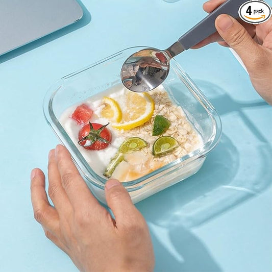 4PC Square Glass Containers With Lids, Glass Meal Prep Containers Set, 2 Cup Clear Square Small Food Containers For Soup Snack fruit, Microwave, Dishwasher, Freezer Safe - (4 color)