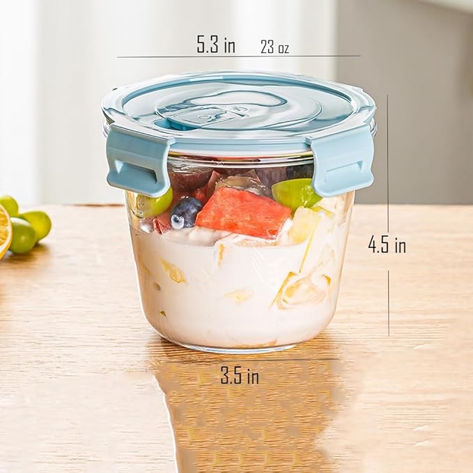 4 Pack Round Glass Soup Storage Set, 3 Cup Food Containers With Airtight Lids for Leftovers, BPA-Free, Microwave, Freezer and Dishwasher Safe