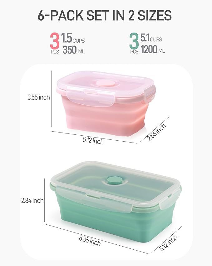 VAGREEZ Collapsible Silicone Food Storage Containers with Lids, 6 Pack Reusable Collapsible Bowls, Silicone Lunch Box Set Food Containers for Meal Prep, Travel, Camping & Leftovers