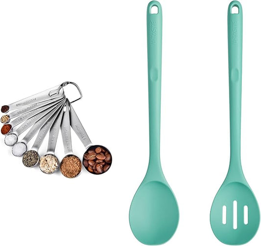 18/8 Stainless Steel Measuring Spoons Set for Dry and Liquid Ingredients (Set of 9), and 600℉ Heat Proof Long Non-Scratch Silicone Solid & Slotted Set of 2 Cooking Spoon for Mixing (Aqua Sky)