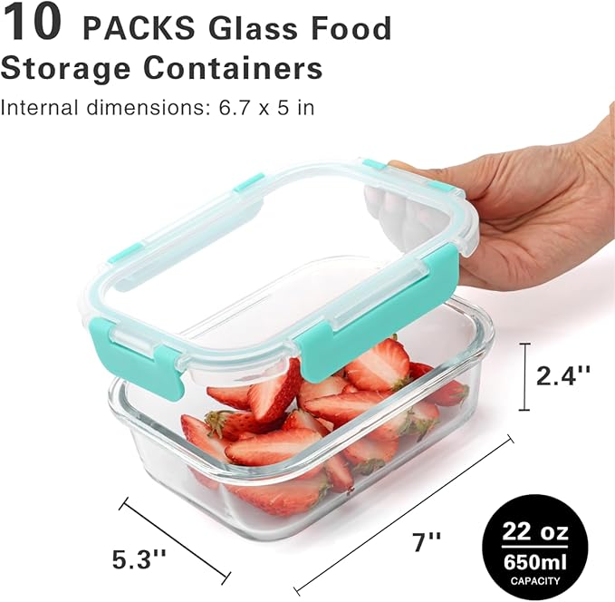 10 Pack 22 Oz Glass Meal Prep Containers with Lids, Reusable Glass Food Storage Containers with Lids, Leak Proof, Microwave, Oven, Freezer and Dishwasher Safe (Green)