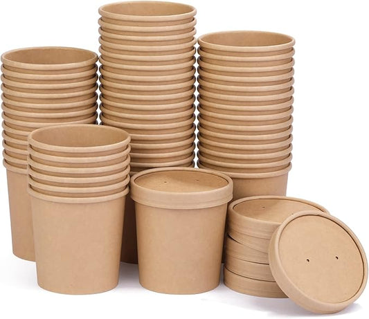 16 oz 50 Pack Pack Paper Soup, Foods or Ice Cream Containers with Lids, Disposable Paper Food Cups, Soup Storage, Ice Cream Cups, Great For Restaurants or To-Go Lunch