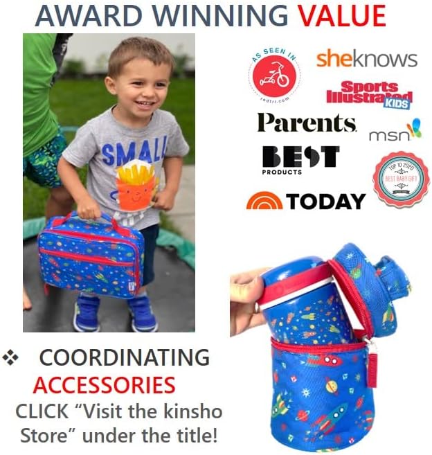 kinsho Bento Lunch Box, Water Bottle, Ice Pack Set for Kids Toddlers, 5 Portion Sections, Removable Plastic Tray, Pre-School Kid Toddler Daycare Lunches, Snack Container, Blue Space Rocket