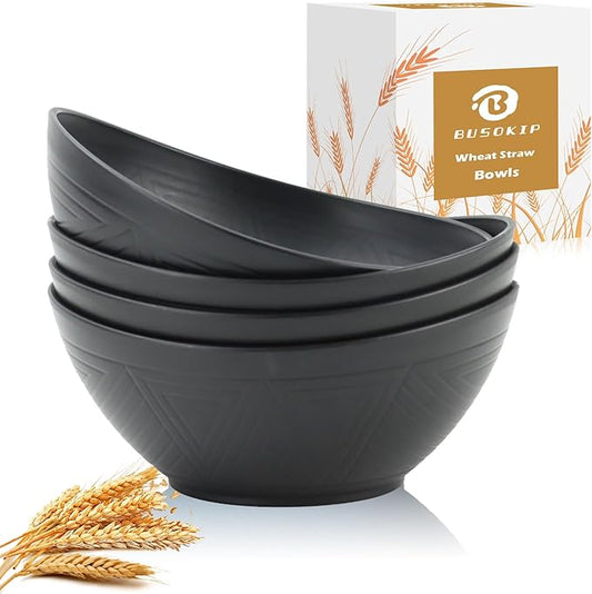 65 OZ Large Bowls Set Wheat Straw Bowls Set 4 PCS, Unbreakable Salad Bowls Reusable Mixing Bowls Set Microwave & Dishwasher Safe Kitchen Bowls for Salad, Cereal, Soup and Oatmeal (Black)