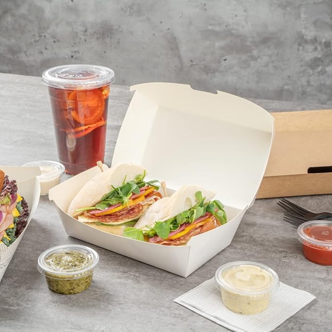 Restaurantware Bio Tek 6.7 x 3.5 x 3.5 Inch Clamshell Food Containers 100 Disposable Sandwich Containers - Hinged Lid Tab-Lock Closure White Paper Hot Dog Containers Recyclable Greaseproof