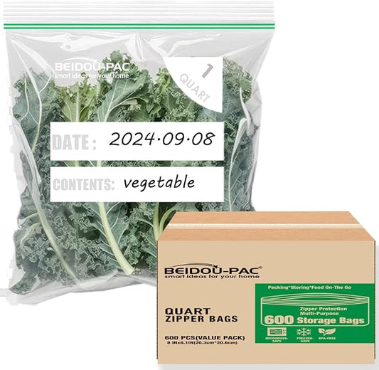 Quart Food Storage Zip Bags, 600 Count | Double Zipper, Freshness Easy Open Reclosable Clear Plastic Bags
