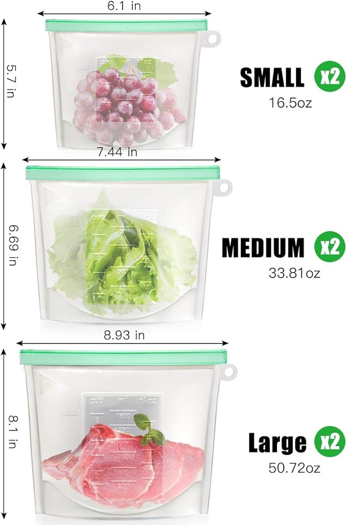 【Upgrade】Cadrim Reusable Extra Thick Silicone Food Storage Bags - 6 Packs Zipper Freezer Bags For Marinate Meats Sandwich, Snack, Cereal,Fruit Meal Prep, Leakproof, Dishwasher-Safe Lunch Storage Bags