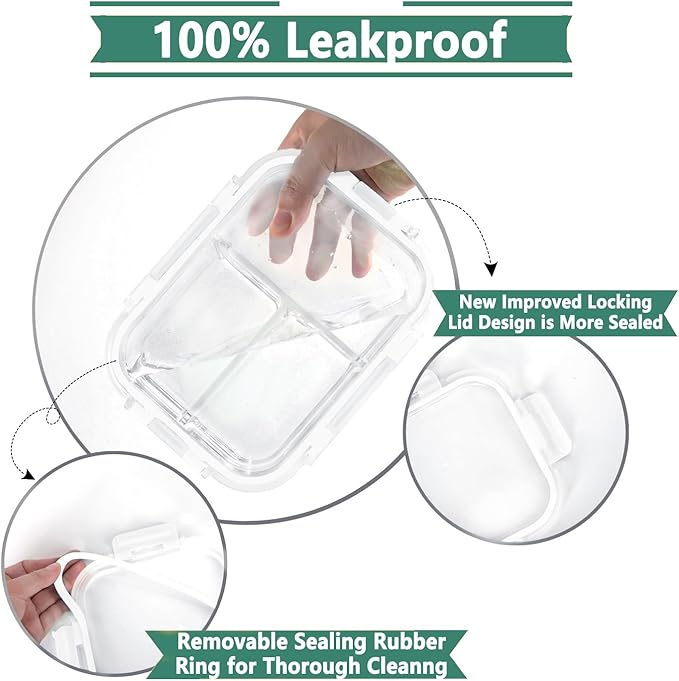 HOMBERKING 8 Pack Glass Meal Prep Containers 3 Compartment, 36oz Glass Food Storage Containers with Lids, Airtight Lunch Bento Boxes, Leak Proof (8 lids & 8 Container) - White