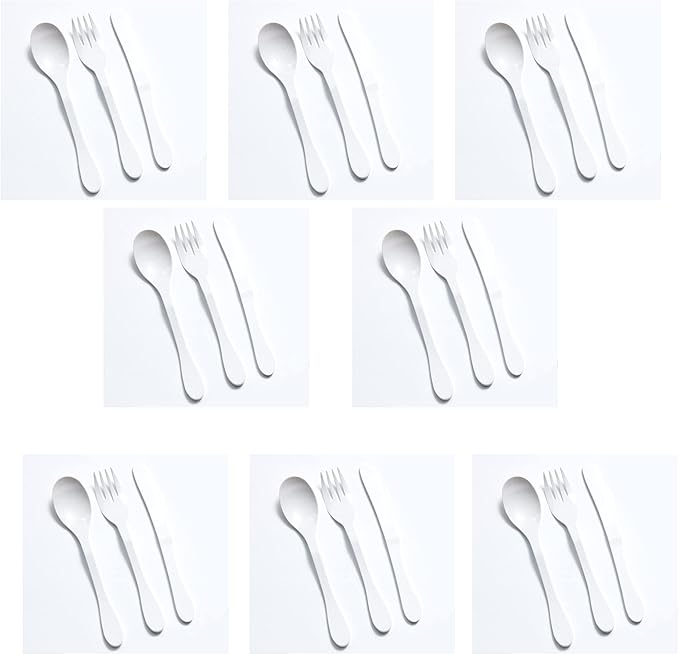 KNORK Eco 24 Piece (Fork, Knife, Spoon) Plant Based Cutlery, Reusable Bamboo Flatware Set, White