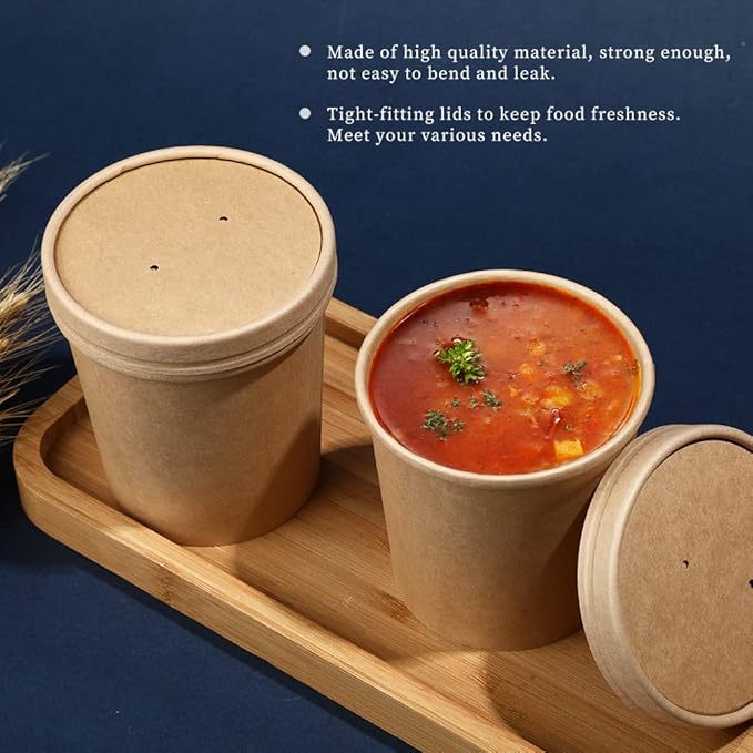 16 oz 50 Pack Pack Paper Soup, Foods or Ice Cream Containers with Lids, Disposable Paper Food Cups, Soup Storage, Ice Cream Cups, Great For Restaurants or To-Go Lunch