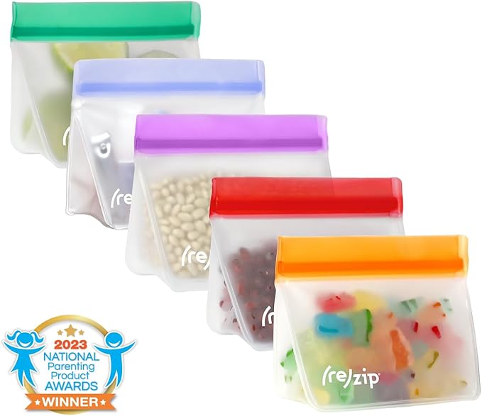 (re) zip 5-pack Stand-Up Reusable Bags | BPA-Free, Food Grade, Leakproof, Freezer and Dishwasher Safe | 5 Snack-Size Bags (1-Cup / 8-Oz) | Jewel Tones for Easy Organization