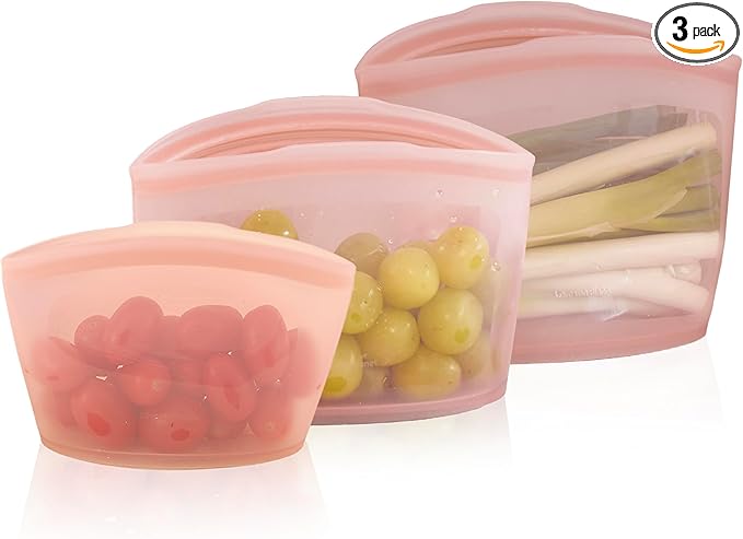 Platinum Silicone Food Grade Reusable Storage Bag, 3set Leak-Proof Airtight Seal, BPA-Free, Microwave, Freezer & Dishwasher Safe, Heat Resistant Sous Vide,Silicone Snack Bags, Dry Rose