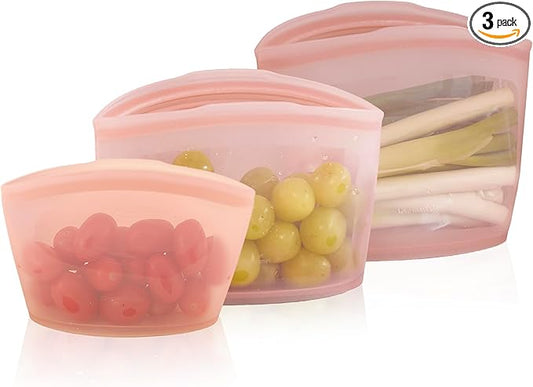 Platinum Silicone Food Grade Reusable Storage Bag, 3set Leak-Proof Airtight Seal, BPA-Free, Microwave, Freezer & Dishwasher Safe, Heat Resistant Sous Vide,Silicone Snack Bags, Dry Rose