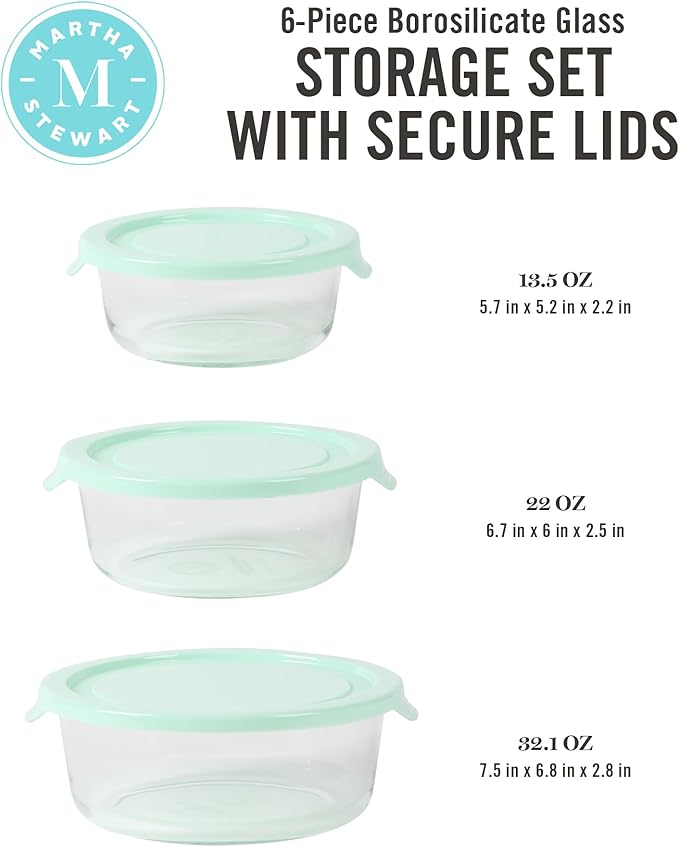 Martha Stewart Hadsell 6 Piece 32.1 oz, 22 oz, 13.5 oz Round Borosilicate Glass Storage Container Set w/PP Pop Martha Blue Lids