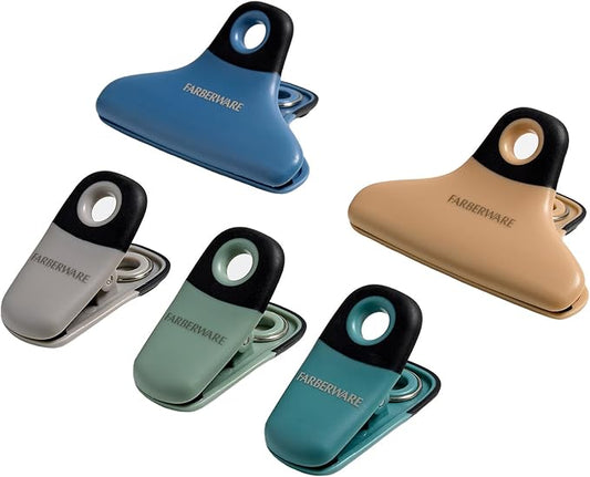 FARBERWARE Professional 5 Piece Bag Clip Set Durable, Versatile, and Stylish Soft Earth Colors