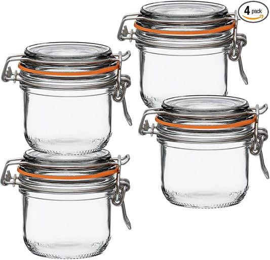 Le Parfait Super Terrine Jar | 7oz/Half Pint (Pack of 4) 200ml French Glass Jar, Airtight Rubber Seal & Glass Lid | Glass Jars for Kitchen Organization and Storage Containers for Essentials