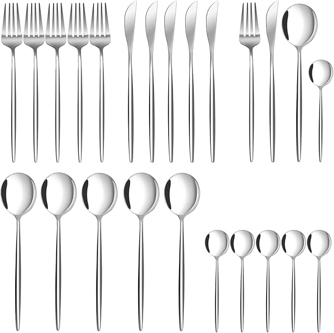 24 pcs Flatware Set, Silverware Set for 6, Knife Fork Spoon, Home Dinnerware Tableware Set for 6, Cutlery Set, Include Knives/Forks/Spoons