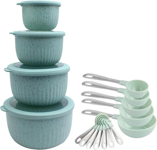 COOK WITH COLOR Mixing Bowl and Measuring Cups Bundle- 4 Deep Prep Bowls with Lids and 12 Piece Measuring Cups and Spoons Set