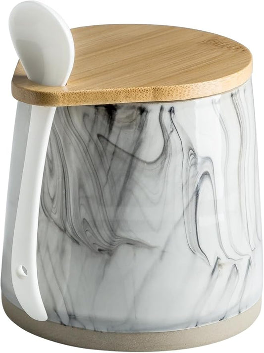 Sugar Jar Salt Container with Spoon, Condiment Spice Jars with Wooden Lids, Ceramic Sugar Bowls Canisters for Coffee Bar Station Kitchen Storage for Candy, Coffee Bean, Pepper - Marble Design