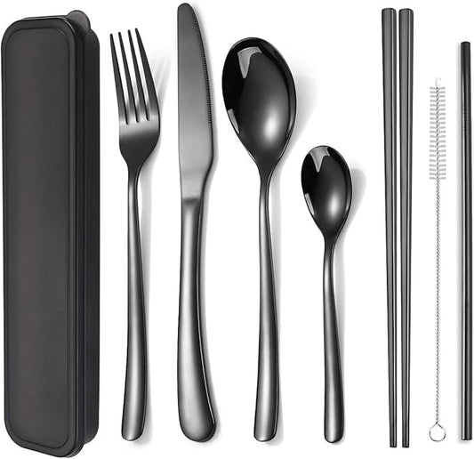 AARAINBOW 6 Pieces Stainless Steel Flatware Set Portable Reusable Cutlery Set Travel Utensils Set Including Chopsticks Knife Fork Spoon Straws Cleaning Brush Dishwasher Safe (7 Black)