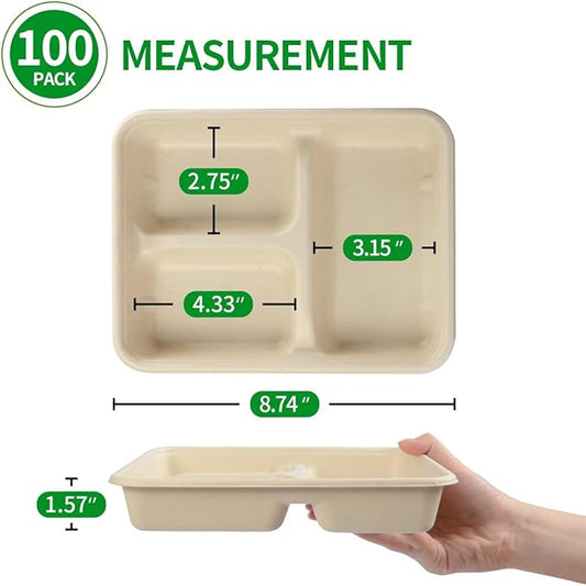 Bloomoom 100 Pack 3 Compartment Paper Bowls, Deep Disposable Lunch Trays with 3 Compartment, Microwavable for Food Services at Party, Church, Food Court