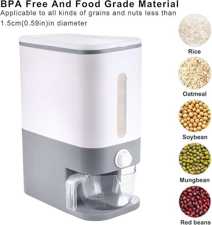 Rubtlamp 22.5-25 Lbs Gray Rice Dispenser, Rice Container with Lid, Rice Storage Container with Measuring Cup, Food Dispenser Rice Container, Storage Container for Cereal, Household Rice Bucket