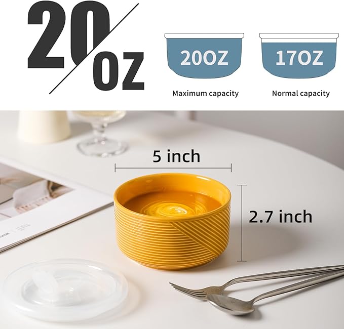 Ceramic Bowls with Lids: 20 oz Microwave Safe Food Storage Containers for Soup, Salad, Cereal, Leftovers, Meal Prep, Lunch, Picnic, Camping, Serving - Airtight, Yellow, Set of 4