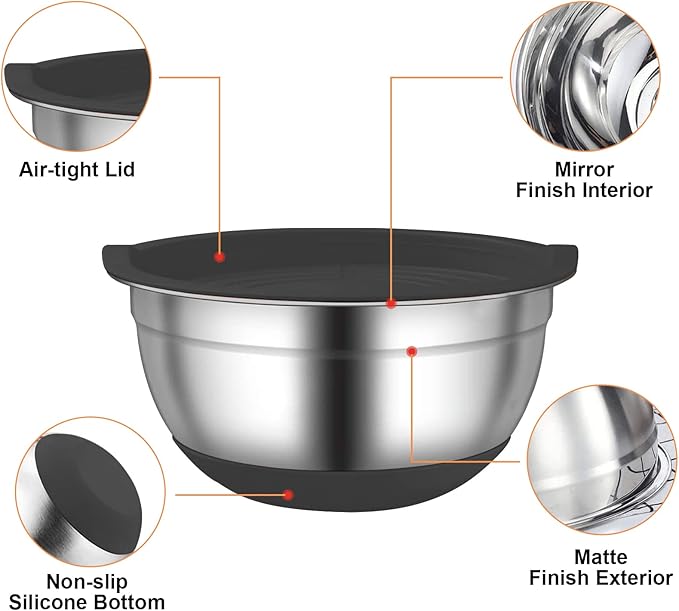 Menbyci 6 Pcs Mixing Bowls with Lids,Stainless Steel Mixing Bowls with 3 Grater Attachments,Non-Slip Bottoms,Kitchen Utensils,Mixing Bowl Set for Kitchen Mixing Baking Prepping Cooking Serving,Black