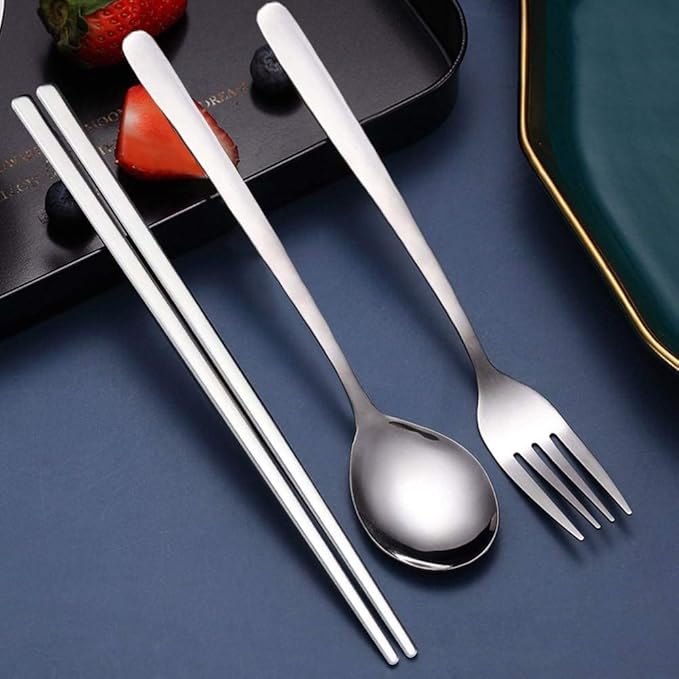 IQCWOOD Spoons and Forks Flatware Set, 3 Pairs Chopsticks Forks and Spoons Silverware Korean Utensil Set, Stainless Steel Korean Dinnerware Portable Utensils for Home