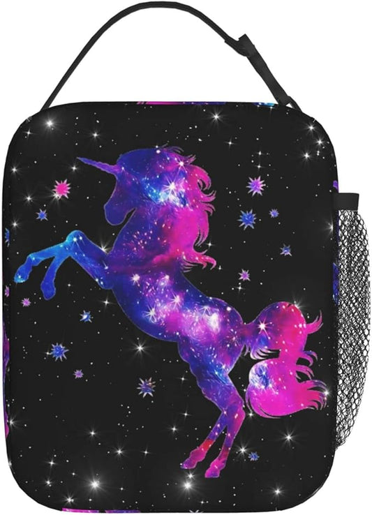 YETTA YANG Galaxy Star Unicorn Black Portable Lunch Bag Insulated Lunch Box Reusable Totes For Women Men Work Picnic Camping