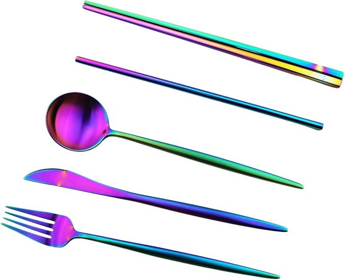 Reusable Travel Utensils, 7 Piece Portable 304 Stainless Steel including Knife Fork Spoon Chopsticks Cleaning Brush Straws Portable Pouch, Eco-friendly Camping Silverware Set, Dishwasher Safe