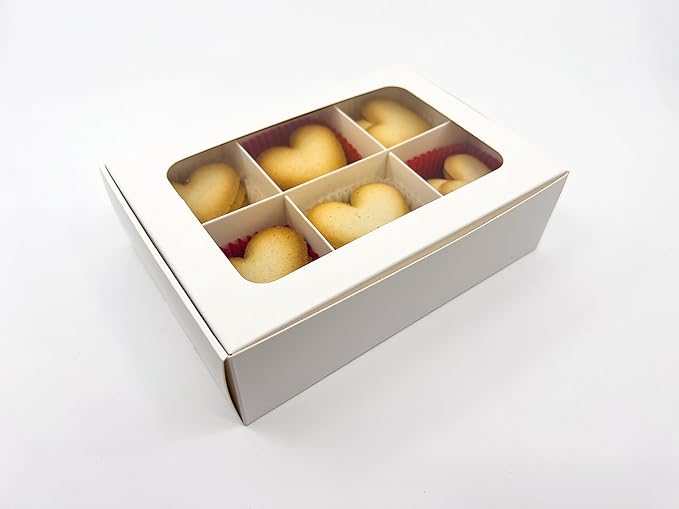 Treat boxes with window and dividers | 6 SMALL compartments | 6.5 x 4.5 x 1.9 in | Chocolate covered strawberries supplies, macaron boxes, baked goods packaging | 20-pack (White)
