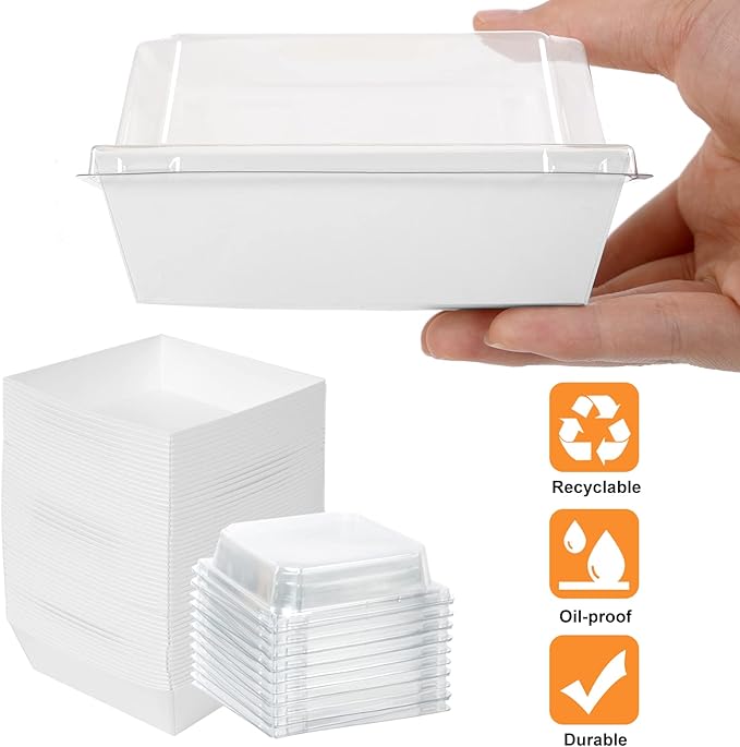 Kosotody 50 Pack Charcuterie Boxes with Clear Lids, 4 Inches White Oil-Proof Kraft Paper Food Containers Bakery Boxes for Sandwich, Cookies, Hot Cocoa, Cupcakes and Strawberries(White)