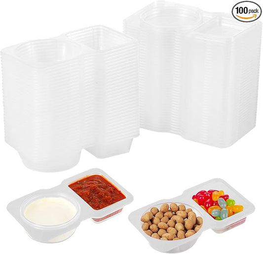 OMISTAR Double Condiment Containers,Double Compartment Containers with Lids, Square and Round Dual-Compartment Snack Containers, Clear Portion Cups for to-go Sauce, Sampling, Travel (100)