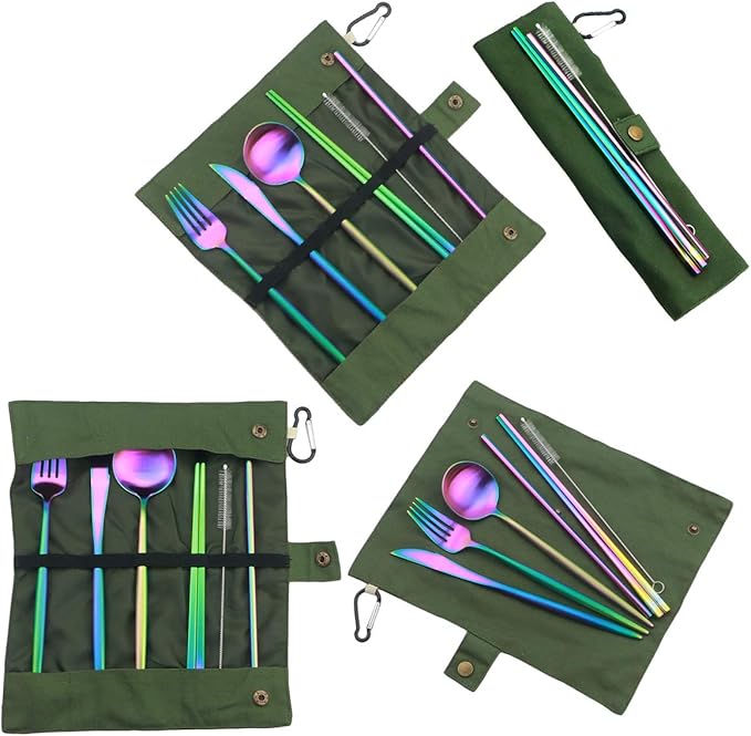 Reusable Travel Utensils, 7 Piece Portable 304 Stainless Steel including Knife Fork Spoon Chopsticks Cleaning Brush Straws Portable Pouch, Eco-friendly Camping Silverware Set, Dishwasher Safe