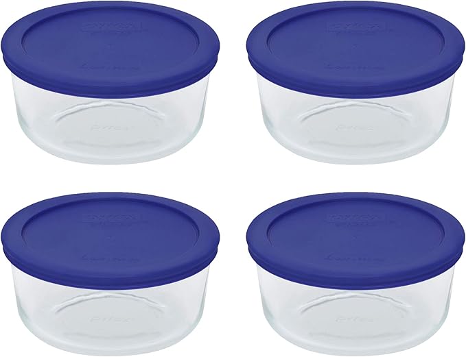 Pyrex Storage 4 Cup Round Dish, Clear with Blue Lid - Original Genuine Pyrex - Pack of 4 Containers
