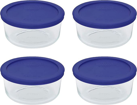 Pyrex Storage 4 Cup Round Dish, Clear with Blue Lid - Original Genuine Pyrex - Pack of 4 Containers