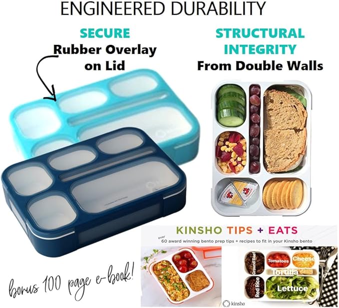 Bento Lunch Box Set of 4, Food Prep & Meal Planning Portion Containers For Kids Toddlers Adults, 6 Divided Leakproof Compartments for Lunches, Snacks, BPA Free, Blue, Navy, Orange, Teal, Four pack