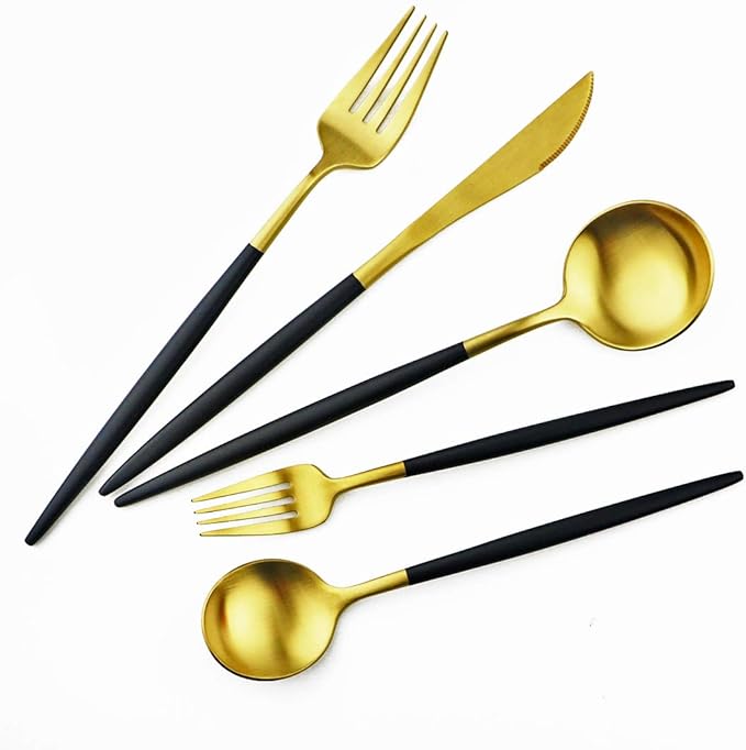 Black Gold Flatware, Royal 20 Piece Matte Black Handle 18/10 Stainless Steel Tableware Sets for 4 Including Forks Spoons Knives, Camping Silverware Travel Utensils Set Cutlery (Black Gold)