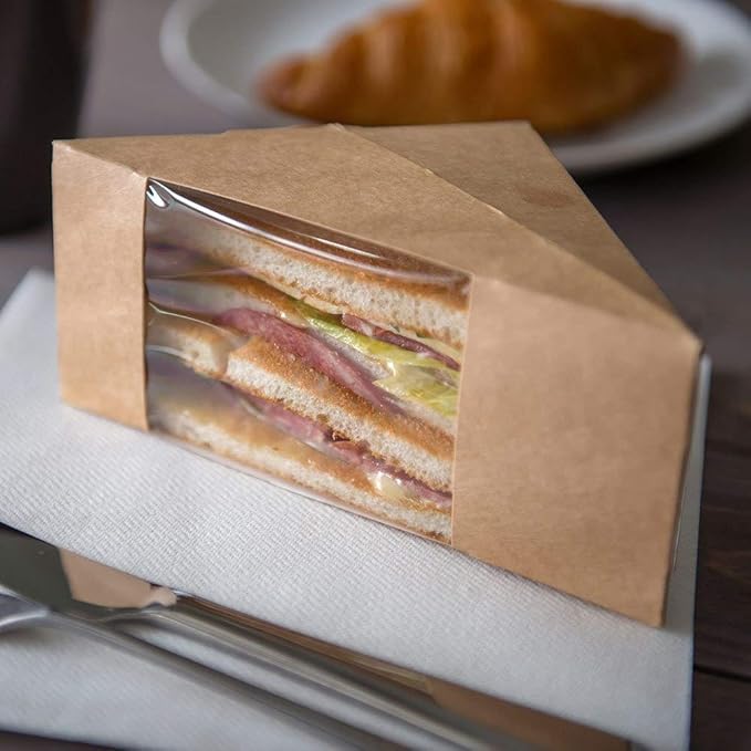 Restaurantware Cafe Vision 4.8 x 2.8 Inch Sandwich Paper Boxes, 200 Medium Sandwich Wedge Boxes - With Window, Disposable, Kraft Paper Triangle Sandwich Containers, Grease-Resistant Lining