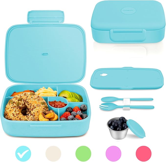Bento Lunch Box with Kids/Adults, 5 Compartments Leakproof Lunch Container with Dressing Cup, Eco-Friendly Double Insulated Boxes, Dishwasher and Microwave Safe, BPA-Free (blue)
