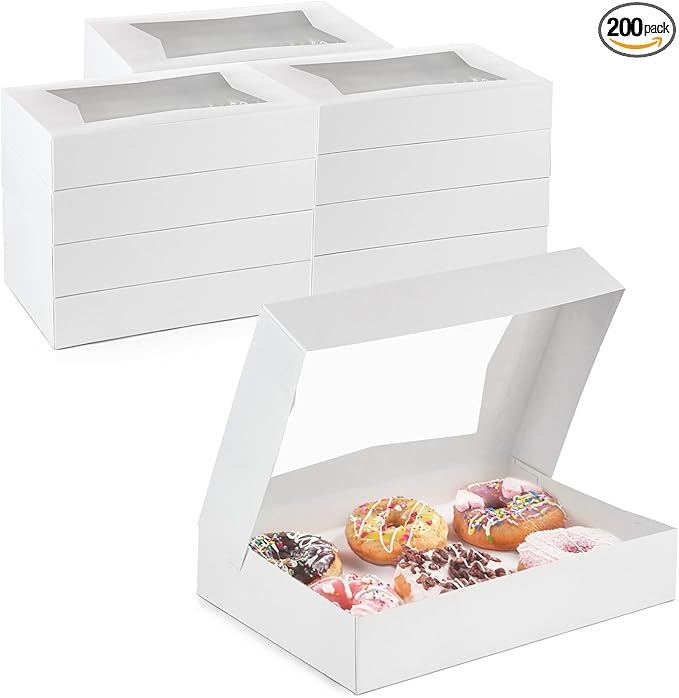 Fit Meal Prep 200 Pack White Bakery Boxes with Window, 12 x 8 x 2.25 Inches Auto-Popup Cookie Boxes, Treat Boxes for Chocolate, Muffins, Donuts, Pastries and Macaroons