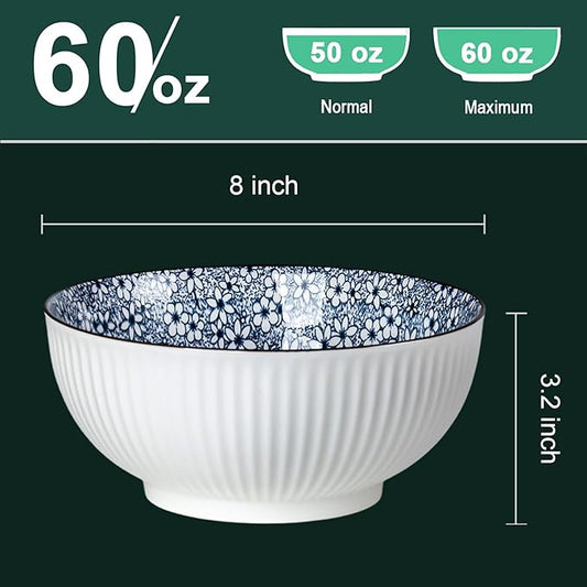 QINLANG Large Soup Bowls, Pho & Ramen Set of 3, 60 oz Blue & White Porcelain - Floral Pattern